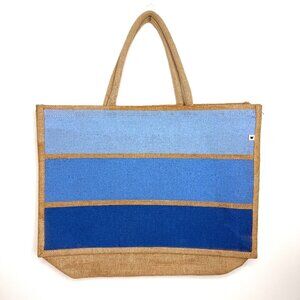 Woolworths Resuable Jute Burlap Natural Brown Large Tote Bag Blue Striped Lined